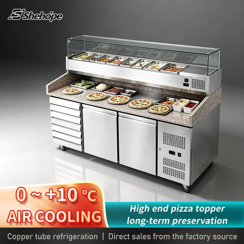 3-Door 7-Drawers Refrigerated Open Pizza Prep Table Granite Top Counter Glass…