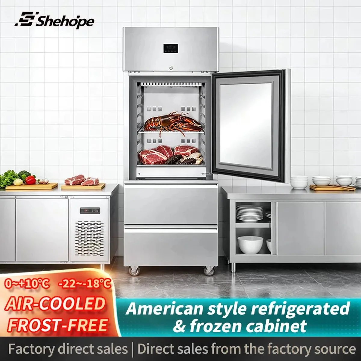 Single Door Stainless Steel Reach-In Refrigerator Dual-Drawer Commercial Cold…