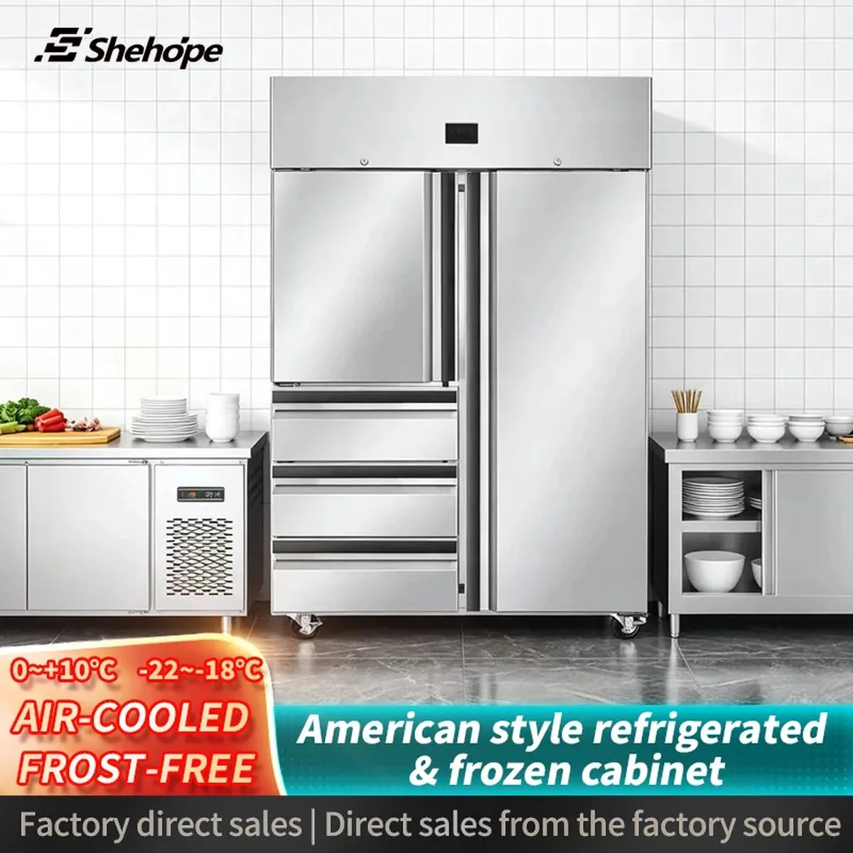 Double Doors Stainless Steel Reach-In Refrigerator 4-Drawer Commercial Cold…
