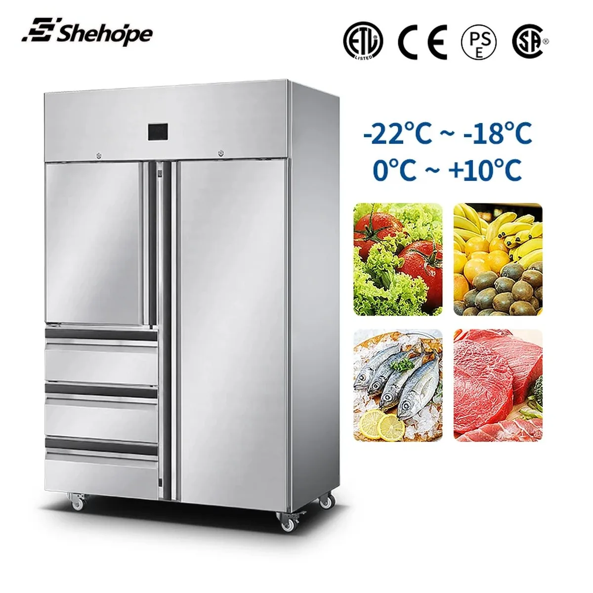 Double Doors Stainless Steel Reach-In Refrigerator 4-Drawer Commercial Cold…