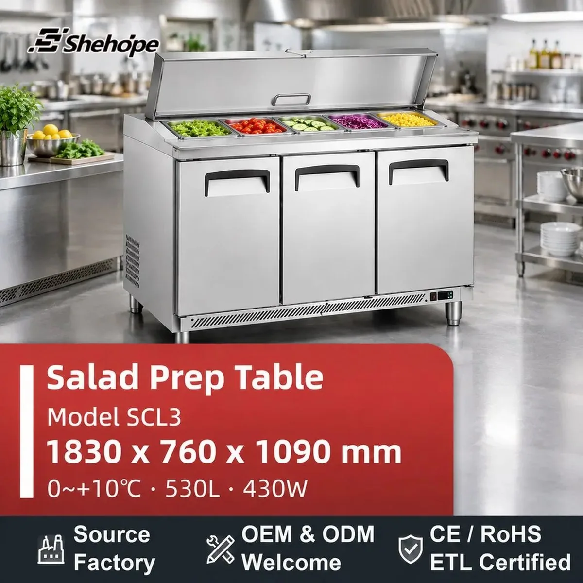 Mesa de trabajo refrigerada para ensaladas 1,83m 3 puertas barra de ensaladas…