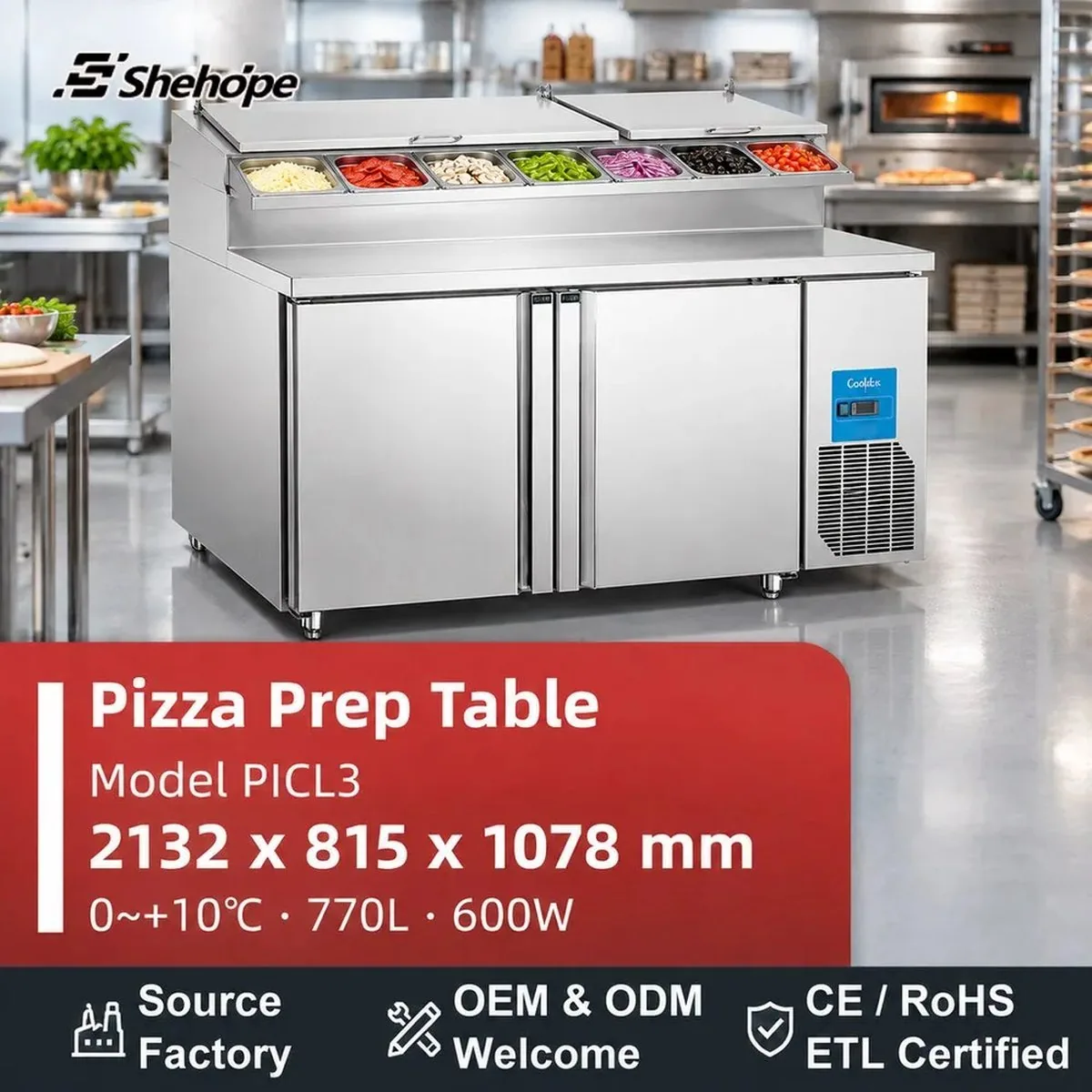 Commercial Pizza Prep Counter Refrigerator Stainless Steel Air Cooling 770L…