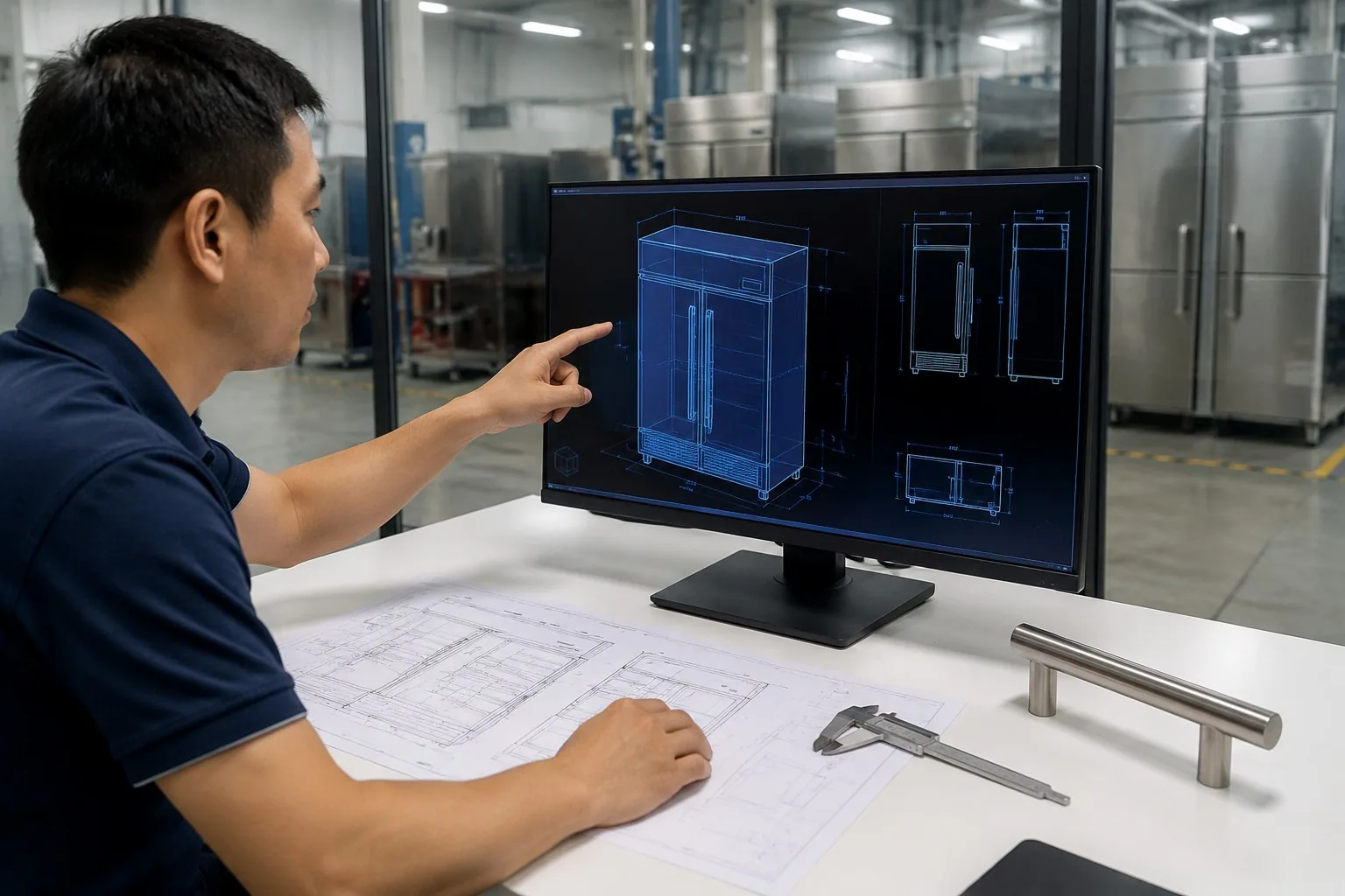 OEM engineer reviewing a 3D CAD model of a commercial refrigerator