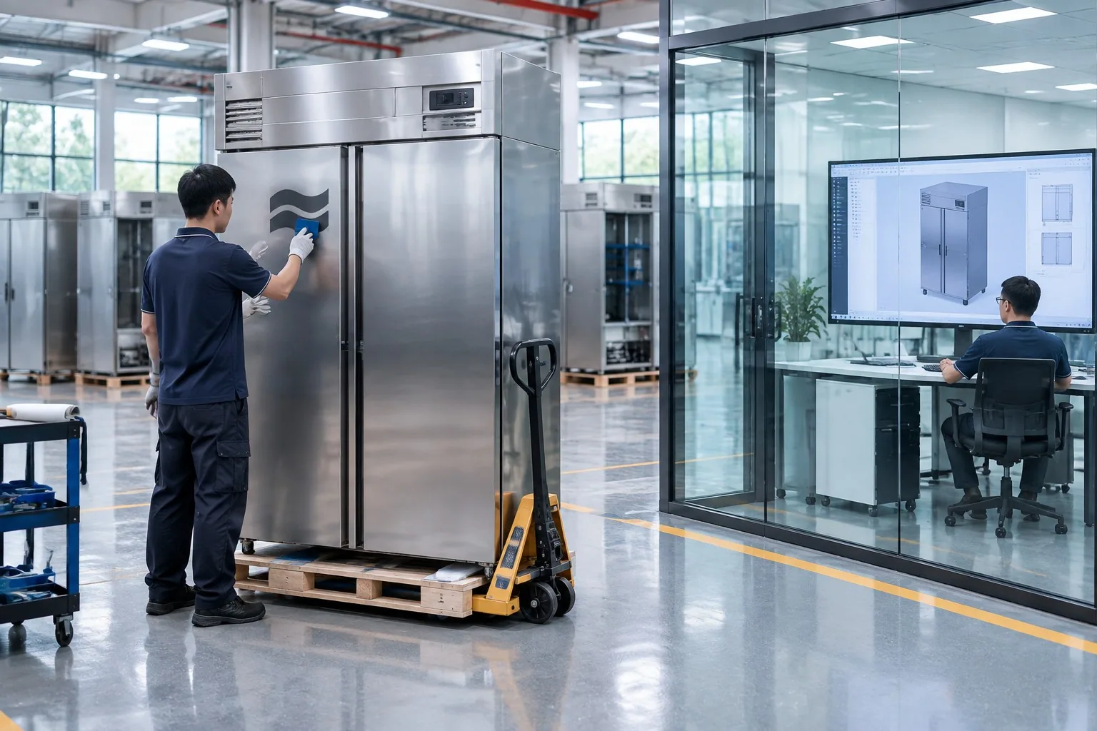 Factory technician applying a custom mark while engineering reviews the CAD model