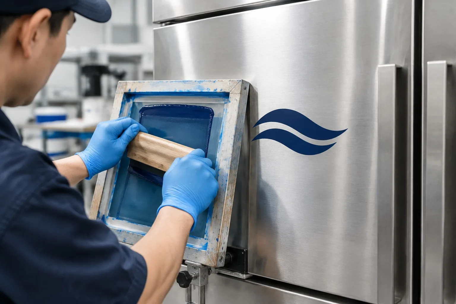 Silk-screen logo marking on a stainless-steel commercial refrigerator door
