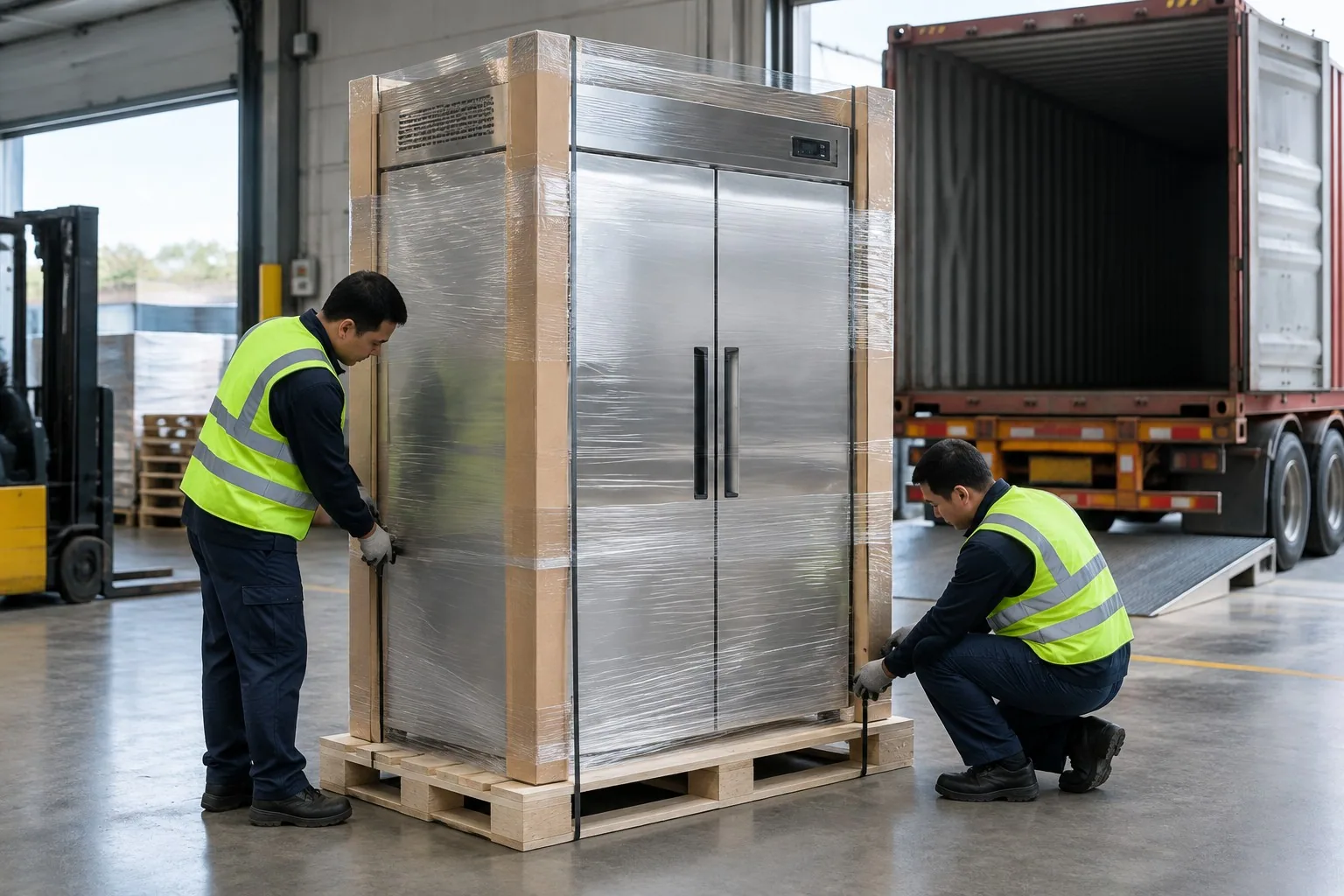 Export packing of a customized commercial refrigerator on a wooden pallet