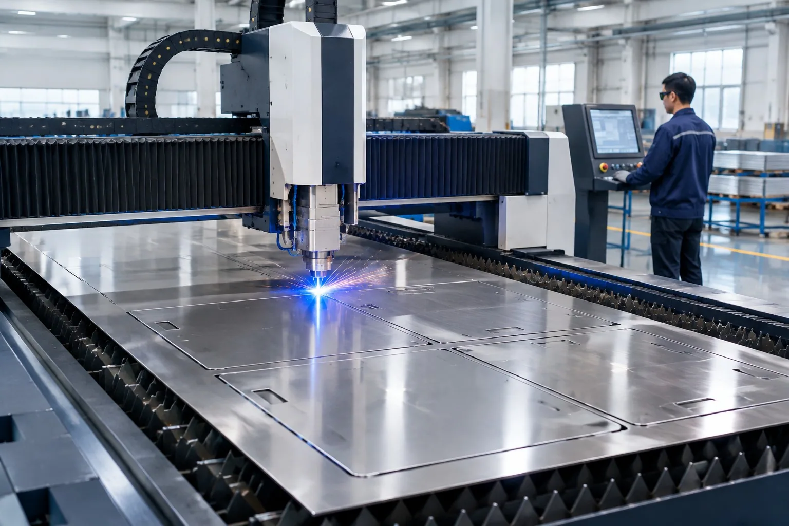 CNC laser cutting stainless-steel panels for commercial refrigeration cabinets
