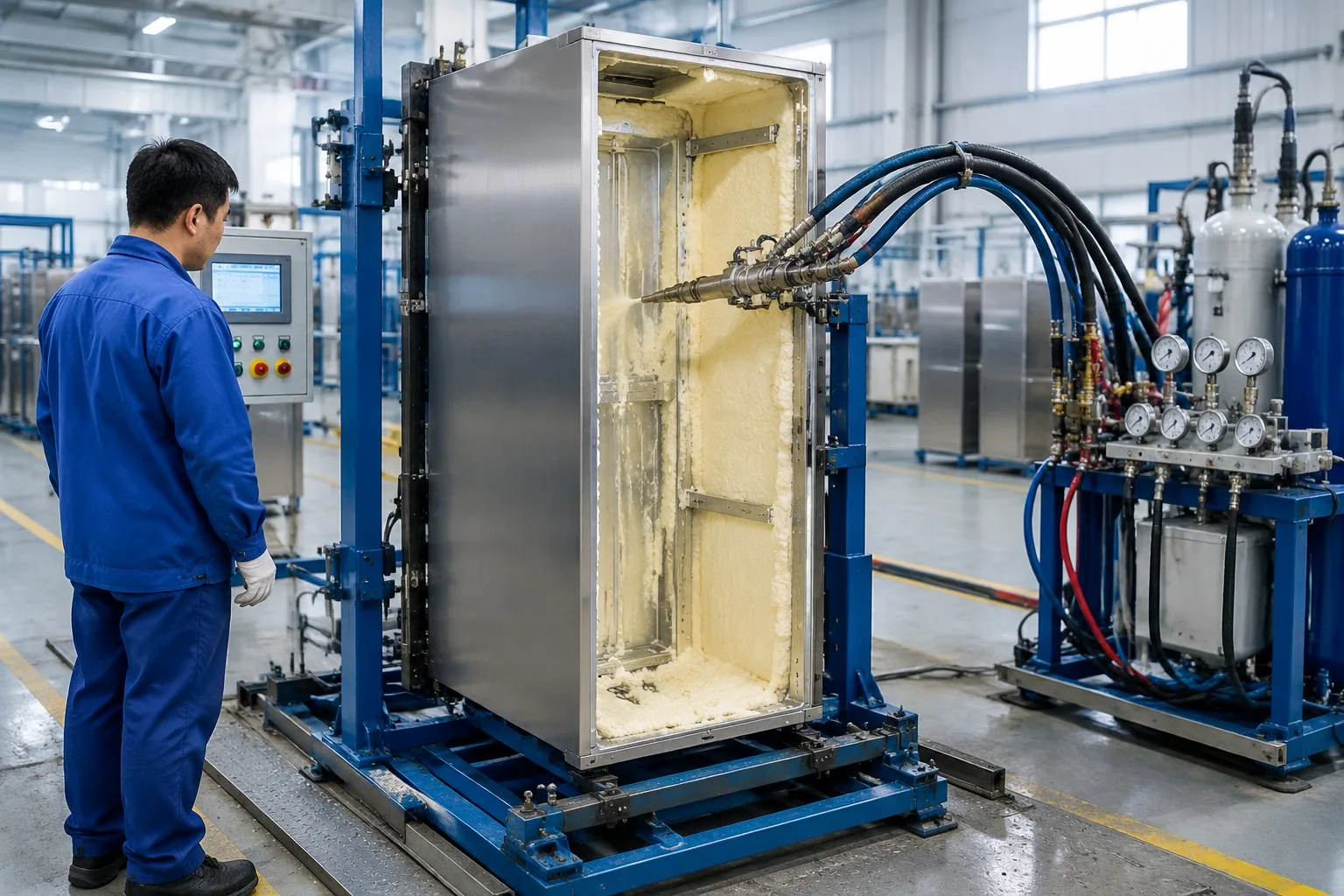 High-pressure polyurethane foaming of a commercial refrigerator cabinet