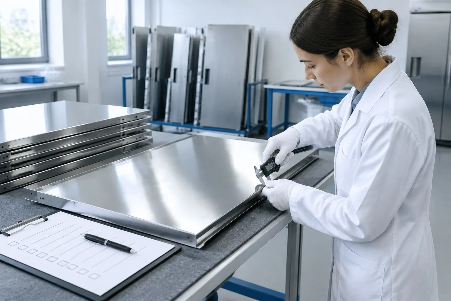 Incoming inspection of a stainless refrigerator door panel with a digital caliper