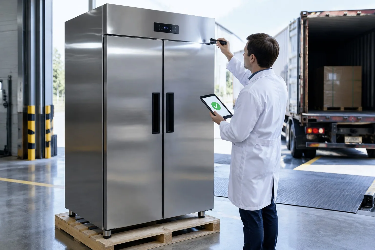Pre-shipment inspection of a finished commercial refrigerator before loading