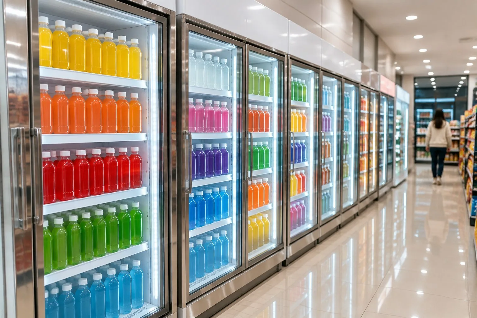 Beverage coolers behind a cafe service counter