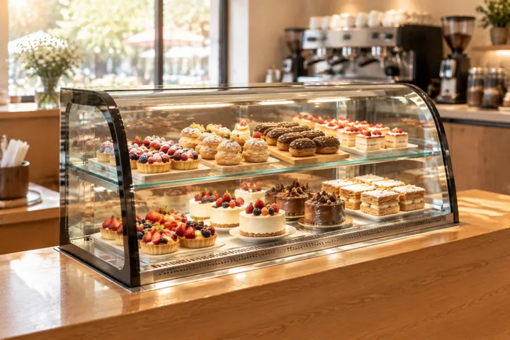 Curved countertop display case on a cafe service counter