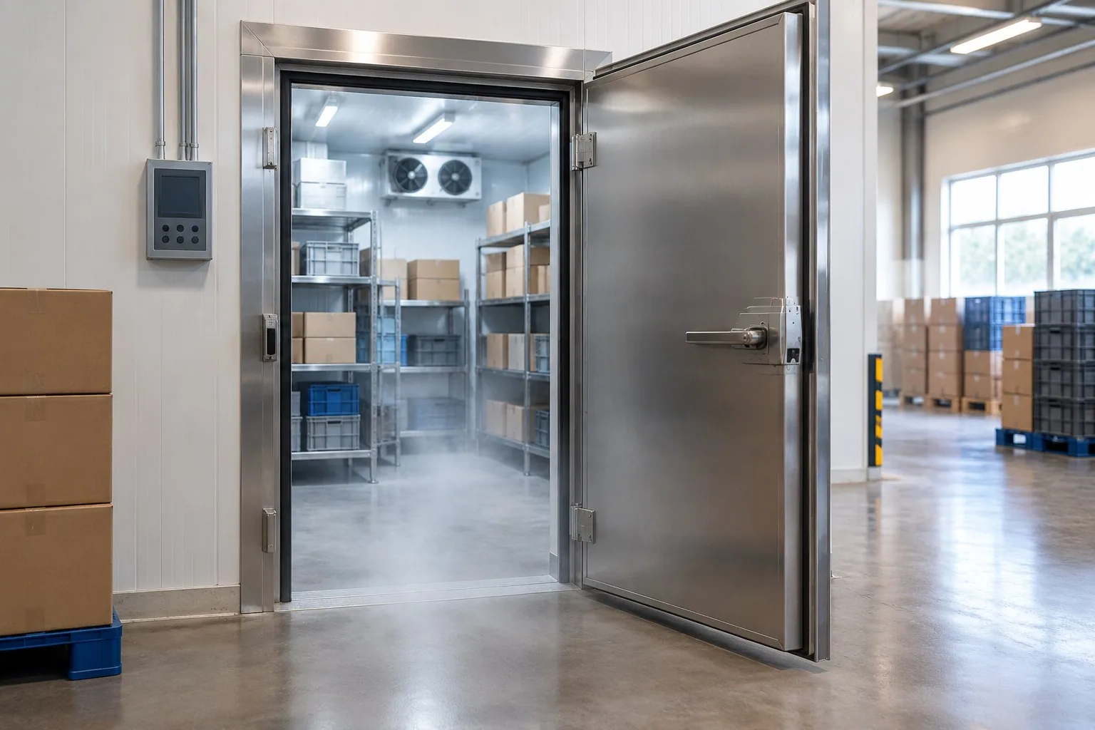 Walk-in freezer doorway in a distribution facility