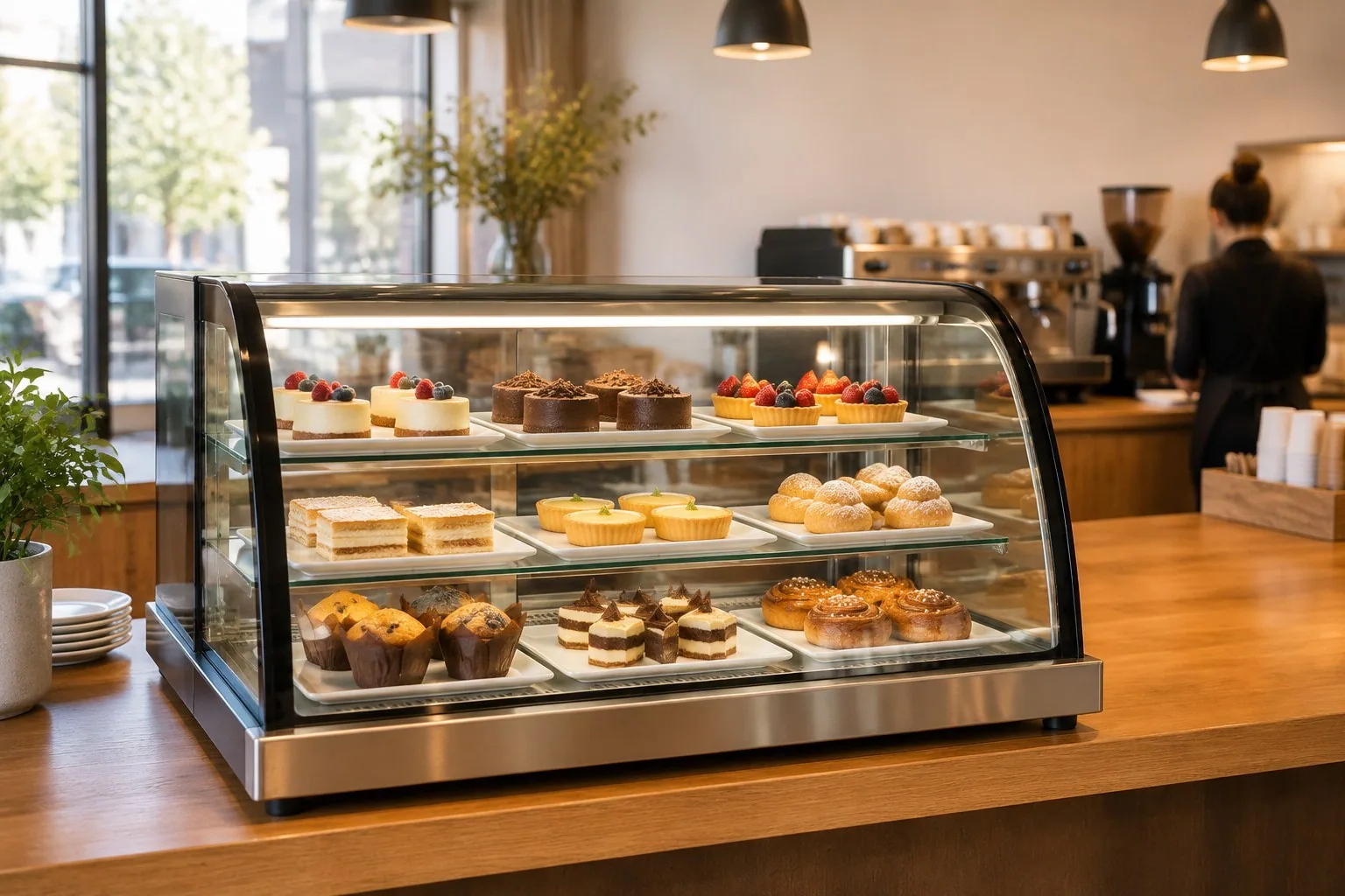 Countertop pastry display case on a hotel or cafe service counter