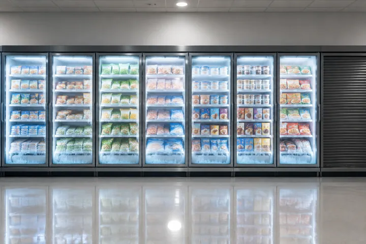 Glass-door frozen display freezers in a supermarket aisle