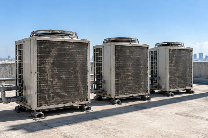 Condensing units in direct sunlight on a rooftop