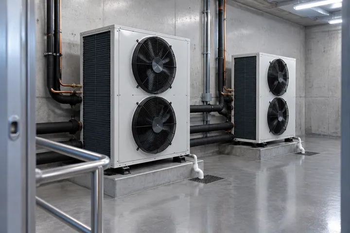 Remote condensing units with condenser coils in a plant room
