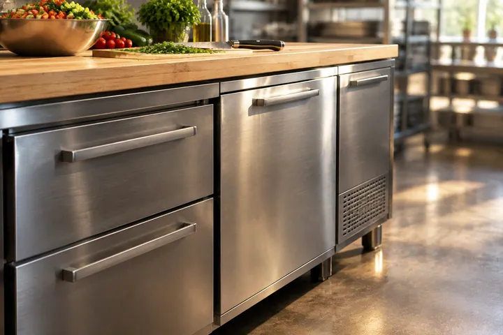 Réfrigérateur sous comptoir en acier inoxydable installé sous un plan de préparation dans une cuisine professionnelle