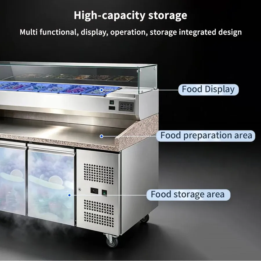 商用四門披薩備料台冰箱 花崗岩檯面 玻璃防噴濺櫃檯 GN配料盆 不鏽鋼
