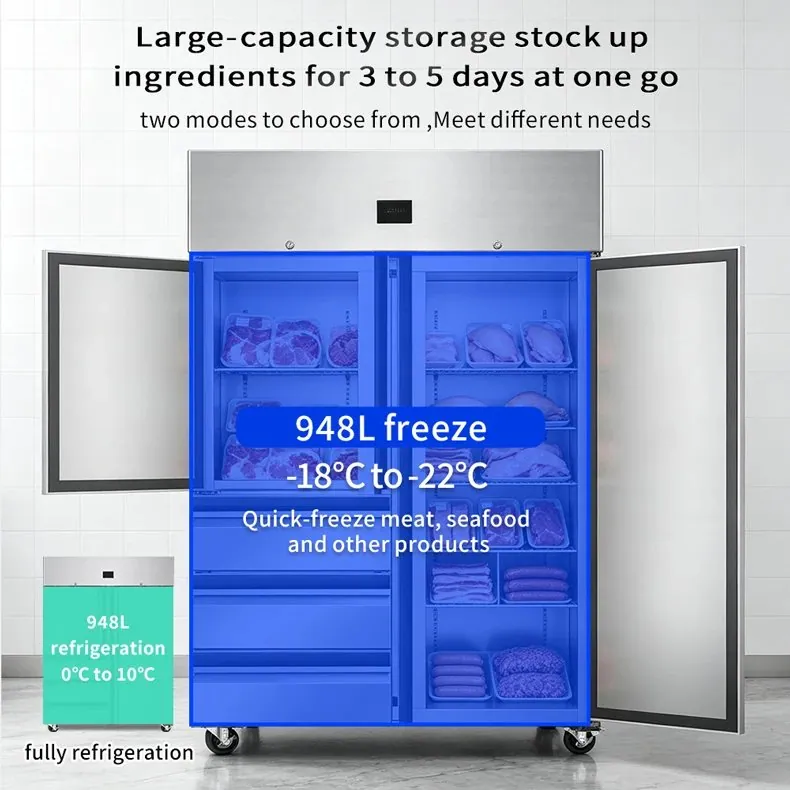 Double Doors Stainless Steel Reach-In Refrigerator 4-Drawer Commercial Cold…