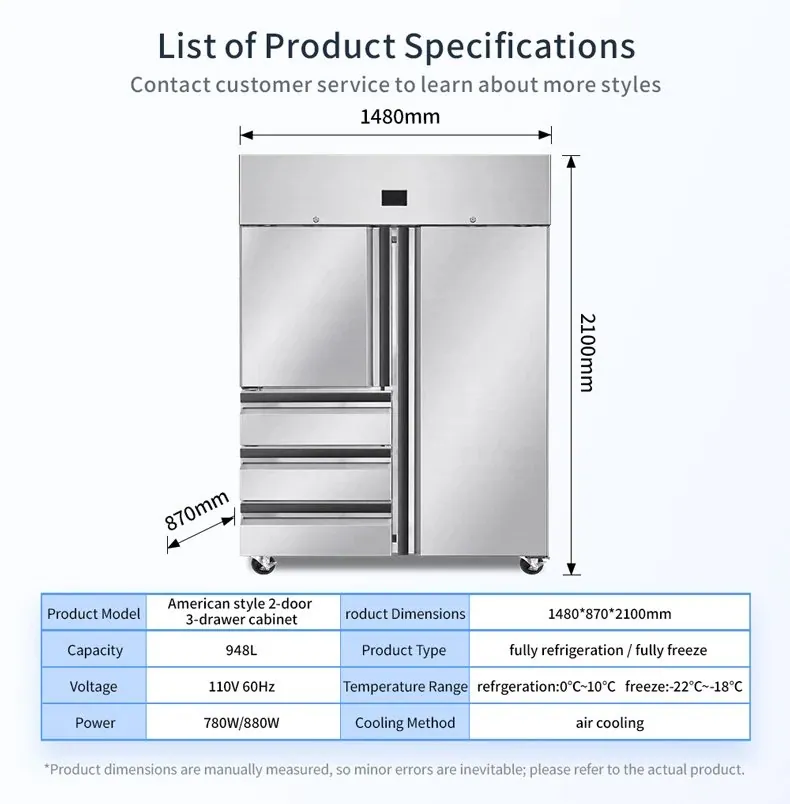 Double Doors Stainless Steel Reach-In Refrigerator 4-Drawer Commercial Cold…