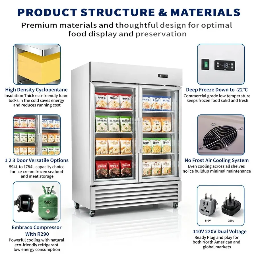 Commercial Double Door Upright Glass Door Display Freezer Automatic Defrost…