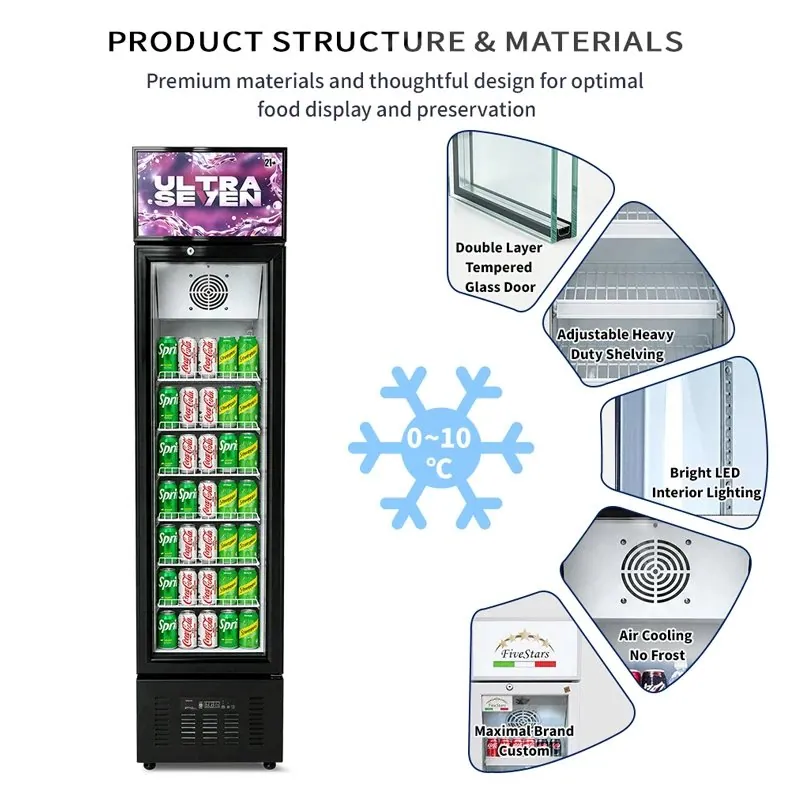 Slim Narrow Upright Reach-In Beverage Display Cooler Four-Door Automatic…