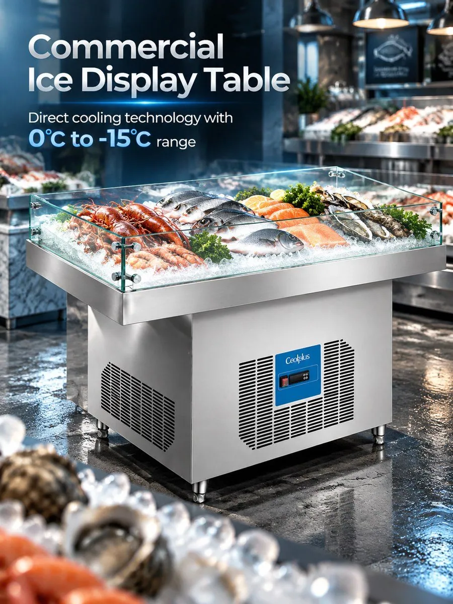 Mesa expositora de gelo com refrigeração direta comercial 1,5m 920L aço…