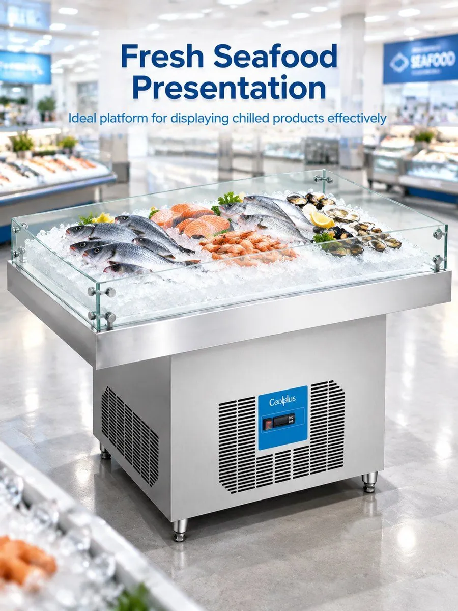 Mesa expositora de gelo com refrigeração direta comercial 1,5m 920L aço…